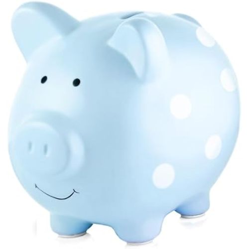 Pearhead Large Ceramic Piggy Bank, Blue Polka Dots, Ideal for Boys and Girls, Kids, Money and Coin Bank, Perfect Baby Boy Nursery Décor, Holiday Toddler Gift