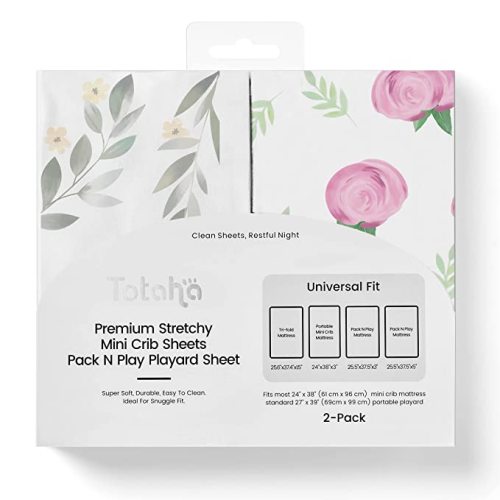 TotAha Premium Stretchy Pack N Play Playard Sheets | Mini Crib Sheets (2-Pack) -Hypoallergenic, Silky Comfort, Buttery Soft, Calming Effect, All-Season Jersey-Knit (Pink Buds & Green Leaves)