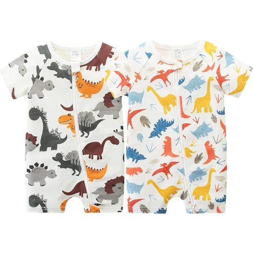 Unisex Summer Trendy 2-Pack Rompers Short Sleeve Zipped Bodysuit Infant Cotton Outfits