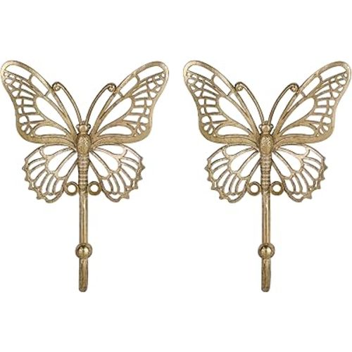 SOFFEE DESIGN 2PCS Gold Butterfly Wall Hooks, Openwork Metal Key Holders, Delicate Boudoir Decor with Wing Cutouts