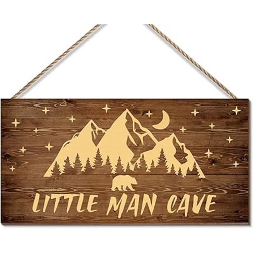 Little Man Cave Sign Woodland Nursery Wall Decor for Baby Boys Room, Bear Forest Animal Wood Signs for Boys Bedroom Decor Toddler Room Kids Playroom Farmhouse Wall Art