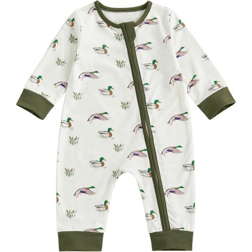 Biayxms Infant Baby Boy Girl Mallard Duck Romper Jumpsuit Long Sleeve Zip Up Duck One Piece Overalls Hunting Baby Clothes