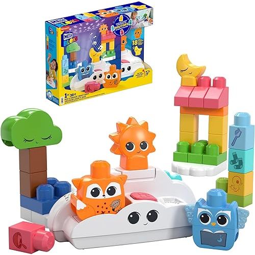 MEGA BLOKS Fisher-Price Toddler Building Blocks Toy, Rise & Snooze Night Light with 30 Pieces, Sound and Light Effects, Star Projector, Ages 1+ Years