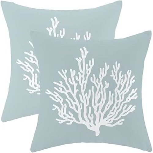 AEIOAE Coastal Nautical Pillow Covers 18 X 18 Inch Set of 2, Seafoam Blue Coral Decorative Throw Pillow Covers Pillowcase Linen Beach Ocean Theme for Indoor Outdoor Home Sofa Bedroom Living Room