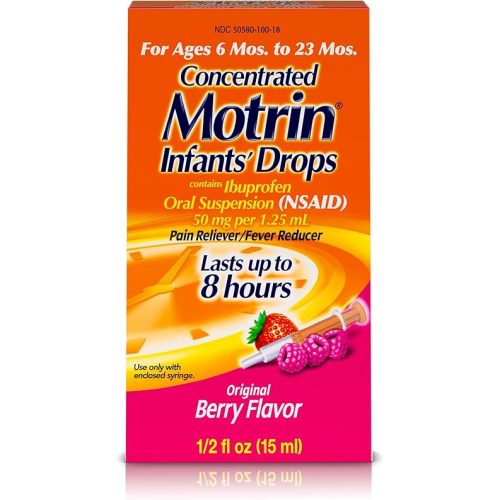Infants’ Motrin Infant Ibuprofen Oral Suspension Concentrated Drops, NSAID Fever Reducer & Pain Reliever for Babies, Dye Free, Alcohol-Free, Berry Flavor, Includes Enclosed Syringe, 1 fl. oz