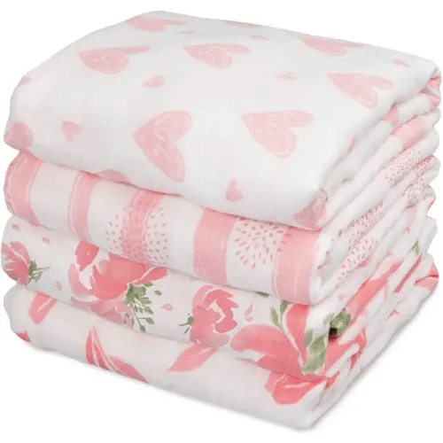 GLLQUEN BABY Muslin Swaddle Blankets 4-Pack Breathable Receiving Blankets (35" x 40") Soft Baby Blankets for Girls and Boys Newborn Essentials Muslin Burp Cloths Swaddle Wrap Baby Gift (Flower)