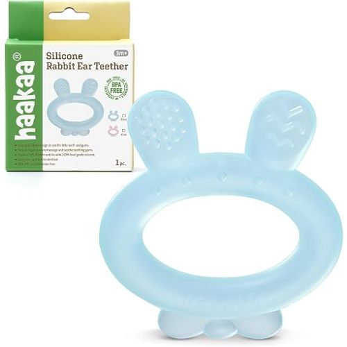 Haakaa Silicone Baby Teether - Rabbit Ear Frozen Teething Toy for Babies 3-6 Months- Cold Teething Relief - BPA Free Silicone -Blue