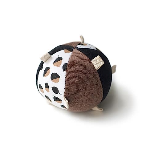Wee Gallery Taggy Ball with Rattle, Soft Sensory Baby Toy, Sensory Ball with Organic Cotton Fabric, Little Tags & Gentle Rattle for Tummy Time, Grasping & Developmental Play, Acorns