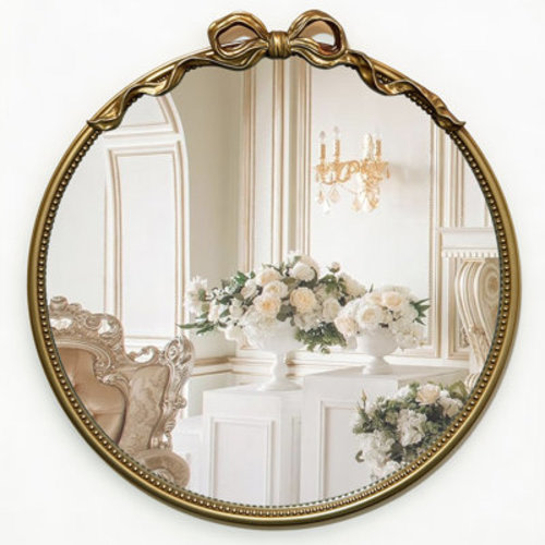 Astoria Grand Antique Gold Round Wall Mirror with Bow Accent, Vintage Decorative Mirror for Bedroom | Wayfair