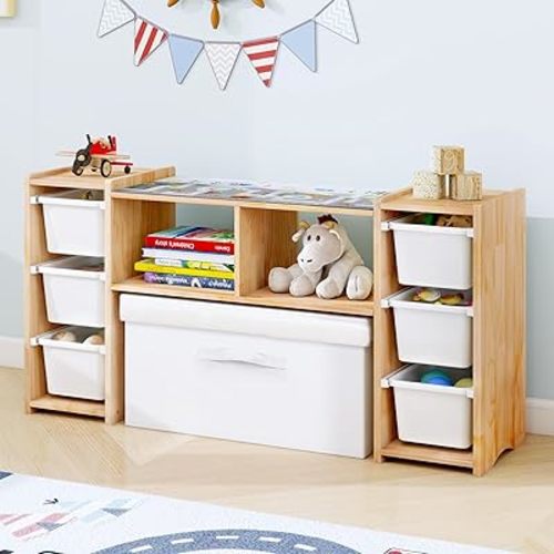 MallBest Montessori Shelf for Kids - 100% Solid Pine Wood with 6 Removable Plastic Bins, Toy Storage Organizer Cabinet for Playroom, Bedroom & Nursery (Natural)