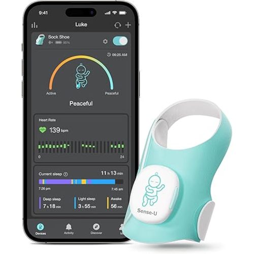 Sense-U Baby Smart Sock Shoe Baby Monitor - Track Heart Rate, Movement, Heartbeat with On-Device Sleep Indicator & Notifications for 1-12M, Infant Foot Monitor, Peace of Mind