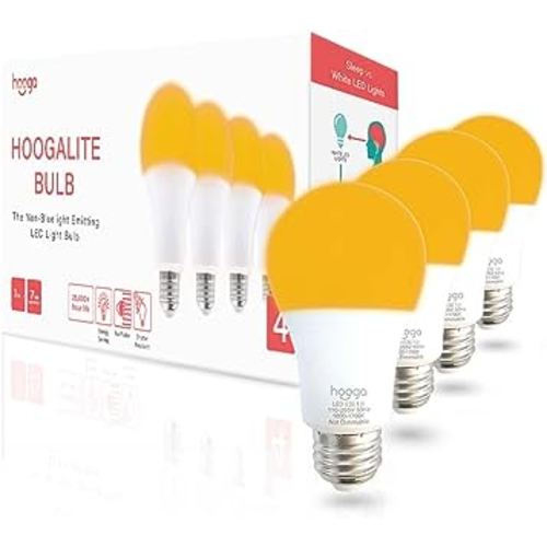 hooga Sleep Light Bulb, Amber Light Bulbs for Sleep Therapy, Blue Light Blocking, 1600K Dim Light Bulbs 7W Equivalent, Mood Soothing Light, E26 A19 Warm Light Bulbs for Bedroom, Nursery, 4 Pack.