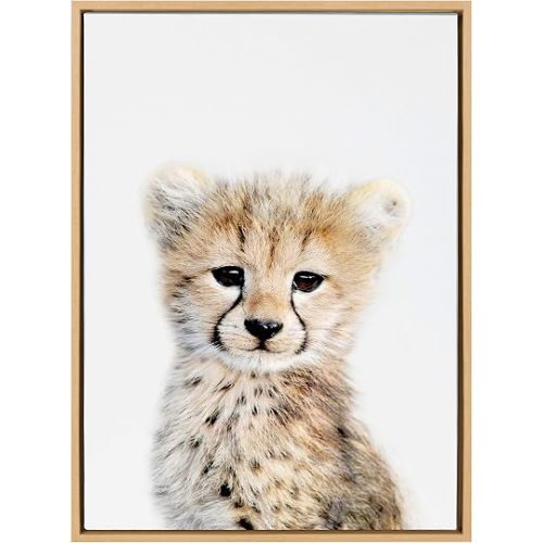 Kate and Laurel Sylvie Baby Cheetah Animal Print Portrait Framed Canvas Wall Art by Amy Peterson, 23x33 Natural
