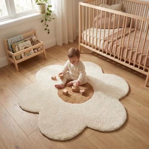 Flower Rug for Nursery – Daisy Play Mat, Soft Kids Room Rug, Baby Playroom Carpet, Floral Bedroom Decor Custom Design