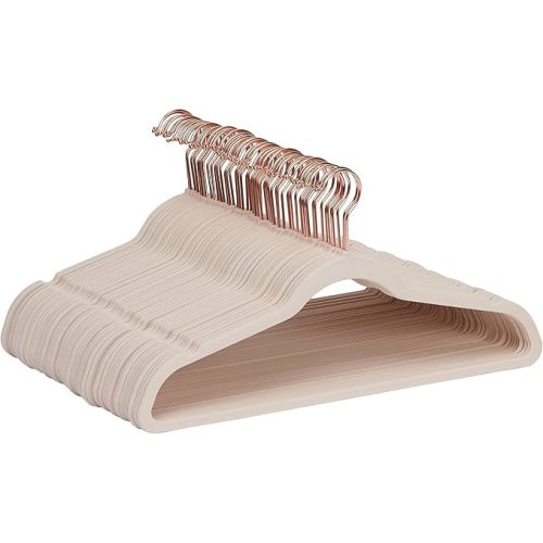 Amazon Basics Space Saving Slim Velvet Non-Slip Suit Clothes Hangers, Sturdy Construction, Closet Organizer, Pack of 50, Blush Pink/Rose Gold