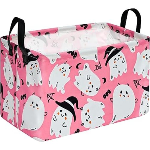 KUNRO Pink Ghost Pattern Halloween Storage Gift Basket Canvas Storage Bins with Handles Rectangle Storage Cubes Organizer for Bedroom Living Room
