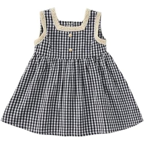 Girls Plaid Gingham Sleeveless A Line Dress Square Neck Lace Trim Dresses