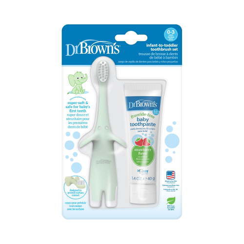Dr. Brown's Infant to Toddler Training Toothbrush, Mint Elephant + Strawberry Baby Toothpaste, 0-3Y