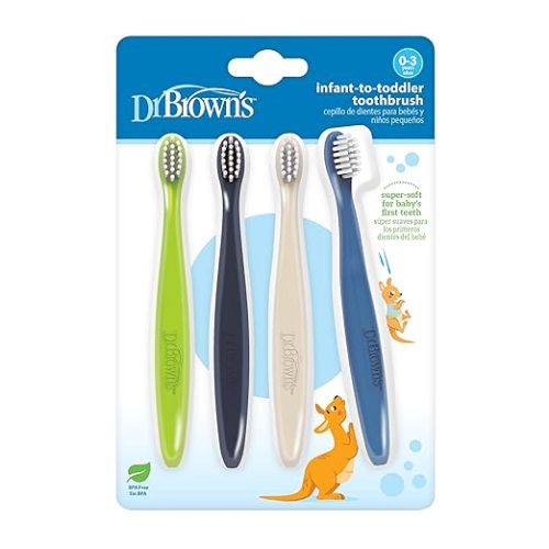 Dr. Brown's Infant-to-Toddler Toothbrush Set, Soft & Gentle Manual Toothbrushes for Baby, Green/Dark Blue/Ecru/Blue, BPA Free, 0-3 Years – 4-Pack