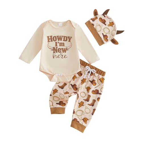 GOOCHEER Newborn Baby Boy Fall Clothes Long Sleeve Romper Pants Set | Western Shirt Top for Baby Boy, New to the Rodeo Crew, cow boy, hunting, farm, 3 piece,spring, winter