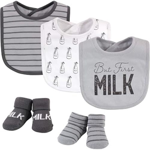 Hudson Baby Unisex Baby Cotton Bib and Sock Set, But First Milk, One Size