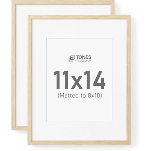 11x14 Natural Wood Frame with 8x10 Mat, Set of 2 Picture Frames, Solid Wood Veneer Finish, and Plexiglass Front for Poster Gallery Wall Home Decor