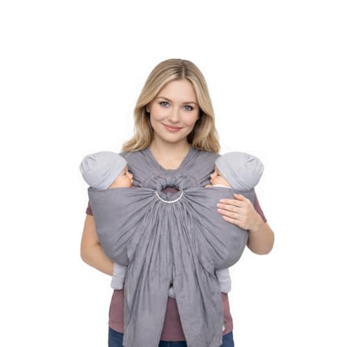 Grey Tandem Ring Sling for Twins – 100% Linen Cotton Blend Baby Carrier | Ergonomic Twin Baby Sling for Hip Carry | Soft, Adjustable & Breathable Ring Sling for Newborns to Toddlers up to 60 lbs