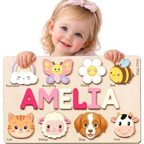 Personalized Name Puzzle for Toddlers 1-3 | Custom Wooden Animal & Vehicle Puzzle for Boys & Girls | Handmade Montessori Toy, Keepsake & Perfect 1st Birthday Gift, CPC Certified