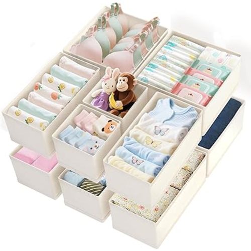 Drawer Organizer Clothes 12 Pack, Dresser Closet Organizers For Baby Clothes Underwear, Sock Beige