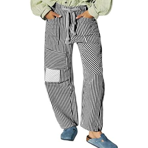 Baggy Barrel Jeans for Women Y2k Striped Drawstring High Waist Straight Wide Leg Boyfriend Jeans Mom Denim Pants