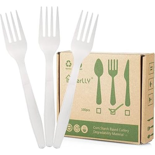 Compostable Fork,100 Biodegradable Silverware for Party,Large Disposable Utensils Eco Friendly Durable and Heat Resistant,Alternative to Plastic Fork