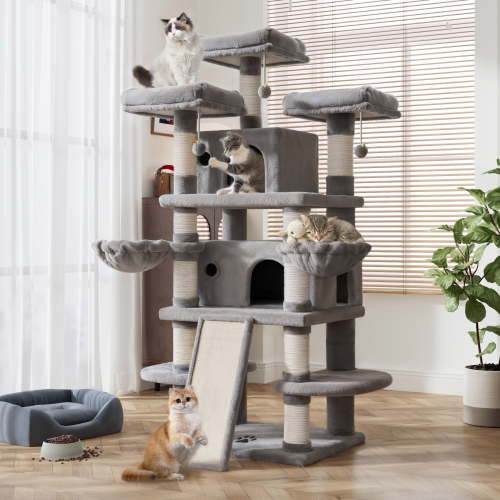 Amolife 68" X-Large Cat Tree and Tower for Indoor Cats, Condo House with Scratching Board & Thick Posts, Gray