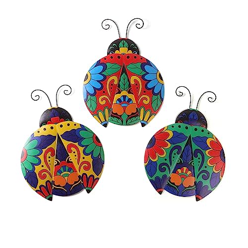 Scwhousi Metal Ladybugs Outdoor Wall Decor,Mexican Pottery Outdoor Decor,Talavera Garden Decoration Hanging for Fence,Yard, Patio,Living Room,Bedroom,Muticolored