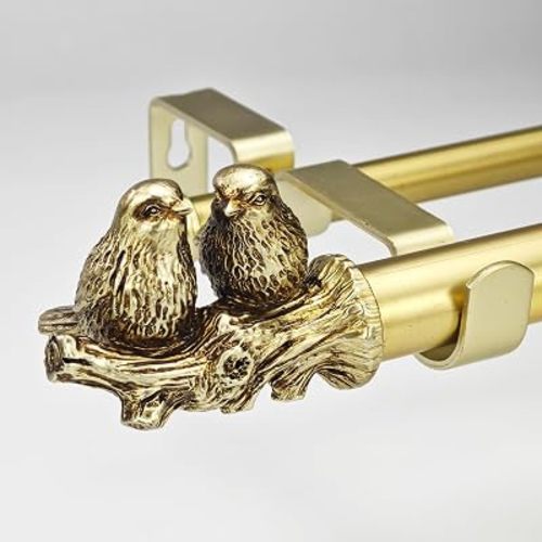 1 Inch Double Curtain Rods 72 to 144 Inches Adjustable Brushed Gold Drapery Rods for Window width 68 to 140 Inches with Twin Birds on Twig Finials for Bedroom