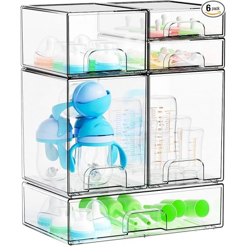 Yieach 6 Set Clear Baby Bottle Organizer for Countertop,BPA FREE Bottle Station Organizer for Breast Pump Parts,Pacifier and Baby Accessories,Stackable Drawers for Bathroom,Cabinet,Pantry Organization