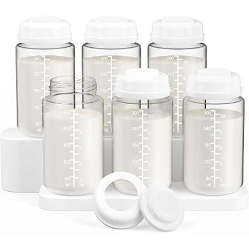 6 Pack 10oz Wide-mouth Breastmilk Storage Bottle for Momcozy 22oz Portable Breast Milk Cooler, Pumping Storage Containers Compatible with Spectra S1/S2/9 Plus/SG/Motif Luna (6PC/White Lids)