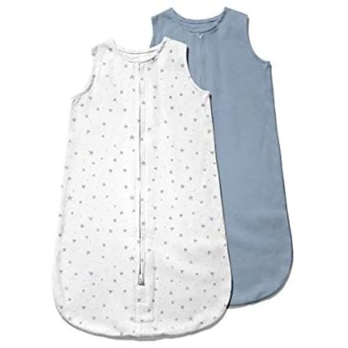 Ely's & Co. 100% Cotton Wearable Blanket Baby Sleep Bag Solid Dusty Blue and Dusty Blue Stars 2 Pack (Baby Boy, Girl 0-3 Months)
