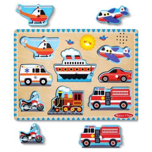 Melissa & Doug 8-Piece Wooden Vehicles Sound Puzzle with Sound Effects for Kids