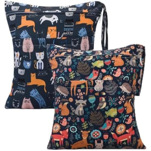 2pcs Cloth Diaper Wet Dry Bags Waterproof Reusable with Two Zippered Pockets Travel Beach Pool Daycare Soiled Baby Items Yoga Gym Bag for Swimsuits or Wet Clothes-Animal