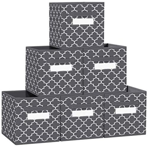 FabTotes Storage Bins 6 Pack Collapsible Storage Cubes, 11"x10.5"x10.5" Large Toy Book Organizer Boxes with Handles and Label Card & Label Holder, Baskets for Organizing Closet Shelves (Dark Grey)