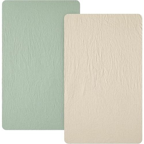david's kids Muslin Mini Crib Sheets, 2 Pack Cotton Pack N Play Sheets for Boys Girls Neutral, Soft Breathable Baby Sheets Fit Pack N Play, Playard and Mini Crib Mattresses, Oat Milk & Sage Green