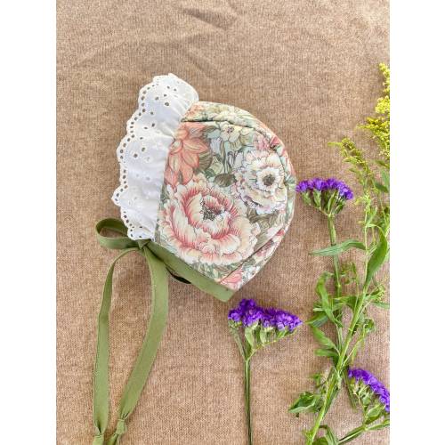 Reversible Baby Bonnet, Floral Cotton Hat with Eyelet Lace