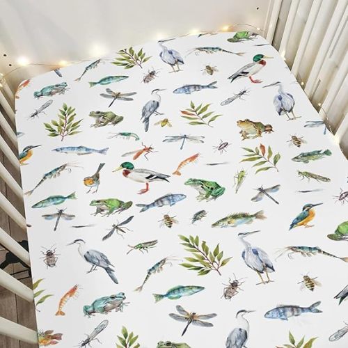 Outdoor Wildlife Pond Baby Crib Sheets for Boy Girl 52"x28" Mallard Duck Bird Frogs Fish Leaves Soft Snug Fitted Crib Mattress Cover Nature Landscape Baby Sheet for Standard Crib & Toddler Mattress