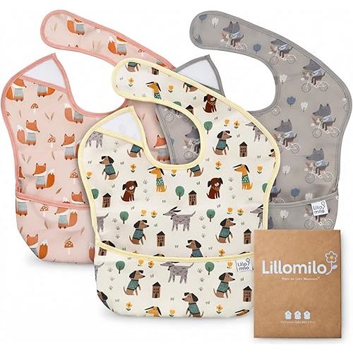 Waterproof Baby Bibs for Eating 3-Pack | Toddler Bibs with Food Catcher | Machine Washable Bibs, Lightweight | Infants & Toddlers 6-36 Month, CPSIA Tested, Animal Design (White, Pink, Grey)