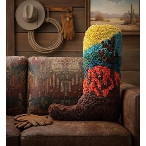 Cowboy Boot Pillow for Western & Farmhouse Decor – 3D Embroidered Velvet Cowboy Throw Pillow with Resilient Fill for Boho & Preppy Room Decor – 14"x10" Decorative Colorful Cushion with Cactus Design
