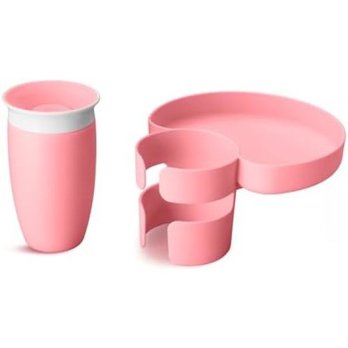 Munchkin Carseat Tray with Miracle 360 Sippy Cup for Toddlers 1-3 - Travel & Road Trip Accessory for Kids, Mess-Free Snacking and Spill Proof Drinking in The Car, Pink