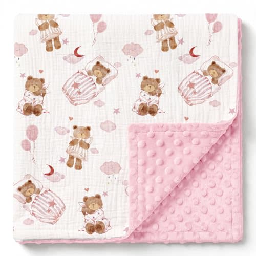 GLLQUEN BABY Muslin Baby Blankets for Girls, 2-Layer Toddler Blanket | Cotton Top with Dotted Fleece Back, Soft Receiving Blanket for Nursery Stroller Crib, 30''x40'', Pink Bear