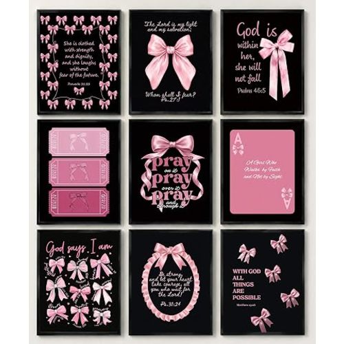 Pink Christian Wall Art Set of 9, Bible Verse Prints 8x10 Inch Unframed
