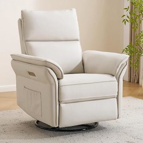 Power Nursery Recliner with Auto Rocking,Oversized Swivel Rocker Recliner with Massage and Heat,Glider Recliner Nursery Chair with Adjustable Headrest for Living Room and Bedroom,Faux Leather,Beige
