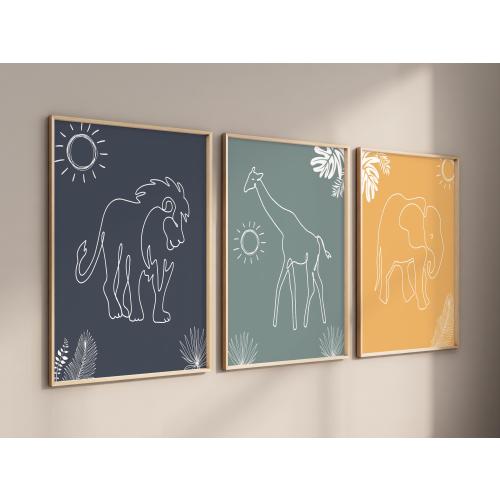 Boho Safari Nursery Art Prints, Line Art Animals Set of 3